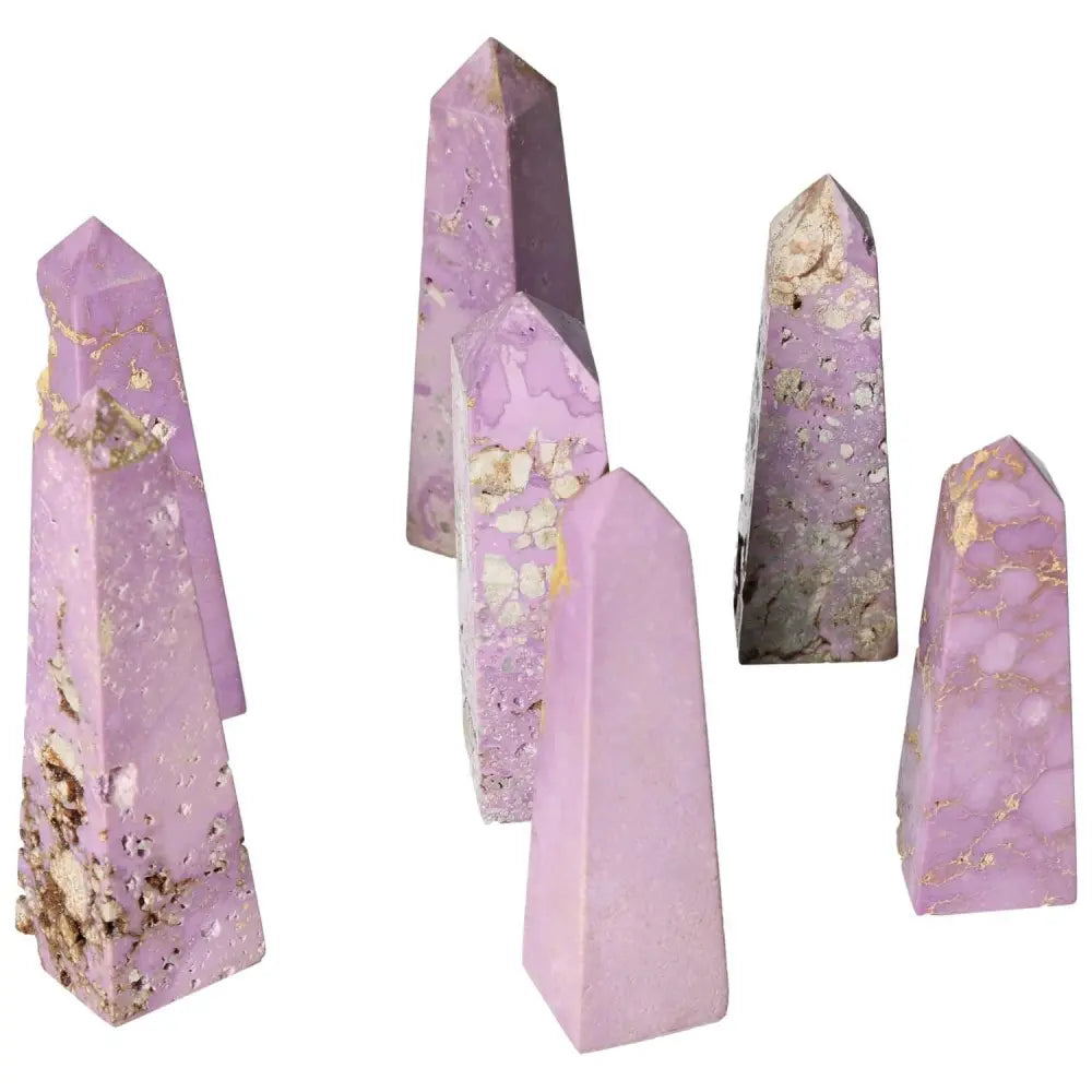 Set of five polished Phosphosidente tower crystals in varying shades of purple with natural mineral inclusions.