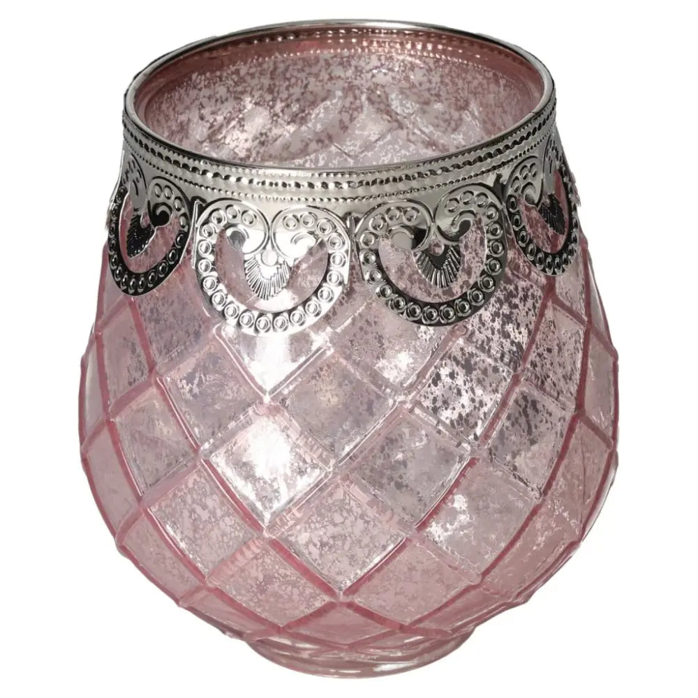 Elegant Pink Glass Lantern with intricate silver rim, offering a touch of conscious luxury and timeless design for tranquil spaces.