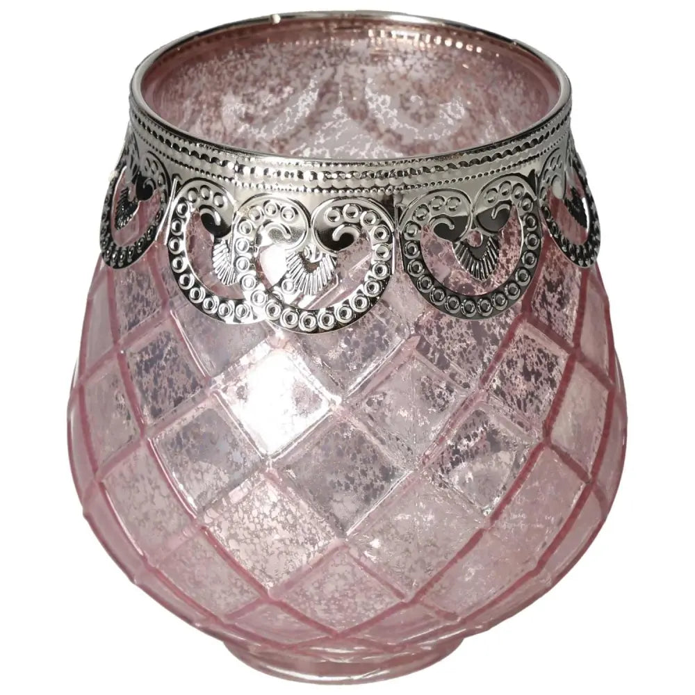 Elegant pink glass lantern with intricate silver decorative rim, embodying luxury and mindfulness in a timeless design by Sylvia Crystals.