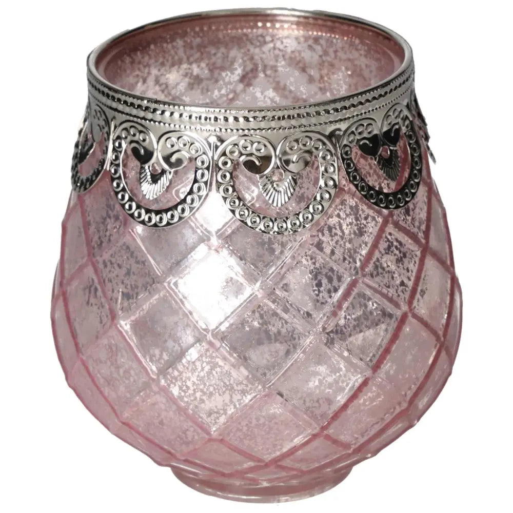 Elegant pink glass lantern with intricate silver detailing, perfect for adding a touch of luxury and tranquility to any space.