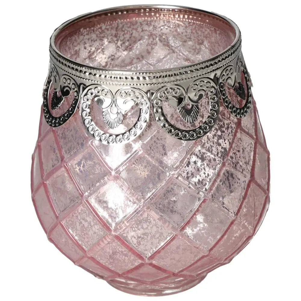 Exquisite pink glass lantern with ornate silver detailing, embodying luxury and mindfulness from Sylvia Crystals' collection.