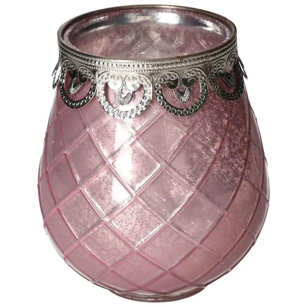 Pink glass lantern with intricate silver rim, embodying elegance and mindfulness, enhancing decor with a soft, tranquil hue.