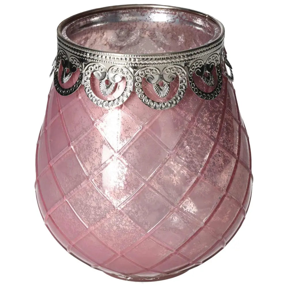 Elegant pink glass lantern with intricate silver trim, promoting tranquility and mindfulness, from Sylvia Crystals.