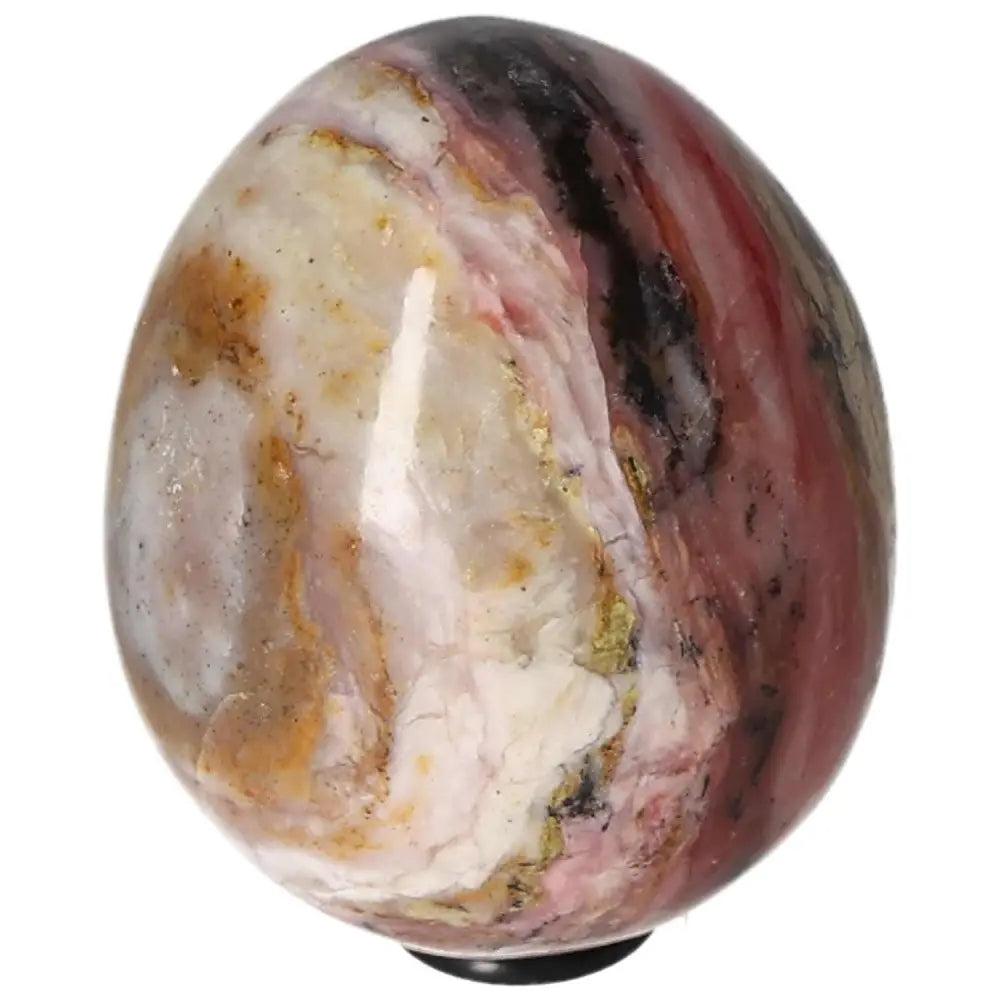 A polished pink opal egg with natural marbling, promoting good communication and kindness, perfect for strengthening honesty and friendships.