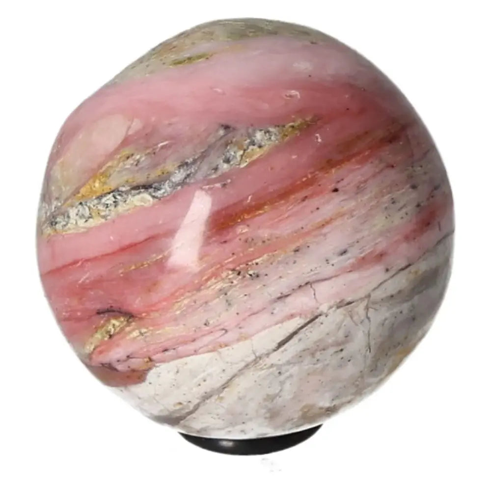 Pink Opal Sphere with white and gold streaks, enhancing communication and kindness.