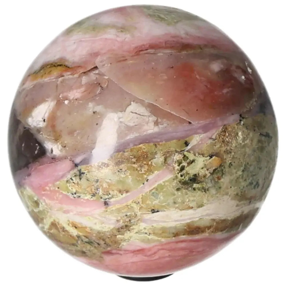 Pink opal sphere with natural swirls, promotes communication and trust, ideal for nurturing friendships and relationships.