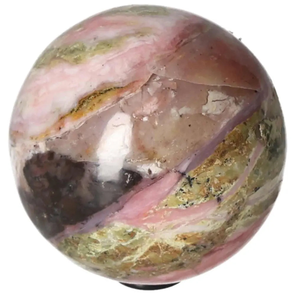 Pink Opal Sphere with natural patterns, known for promoting communication and kindness, enhancing honesty and trust in relationships.