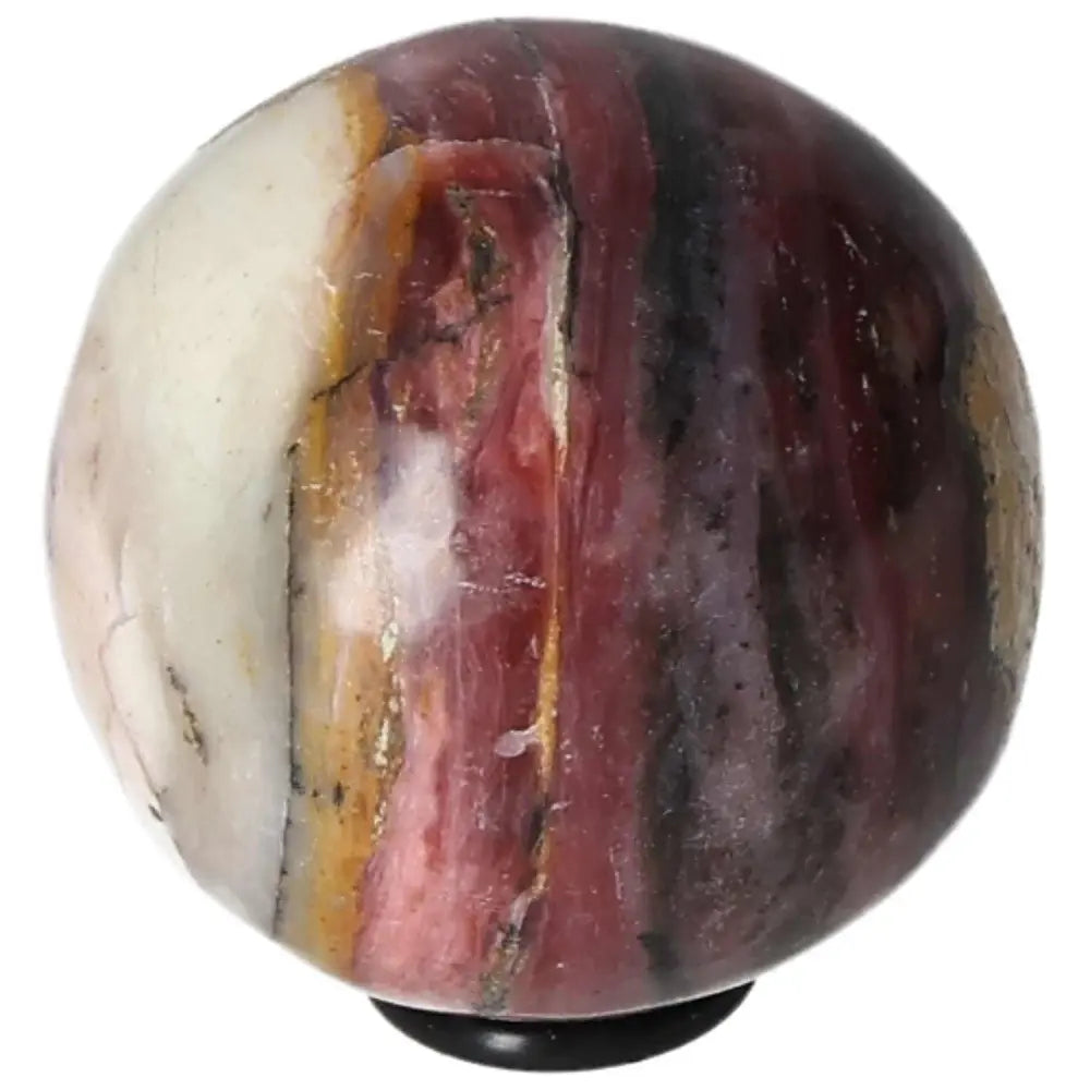 Pink opal sphere on black stand, showcasing natural color variations in hues of pink, white, and earthy tones for energy and harmony.