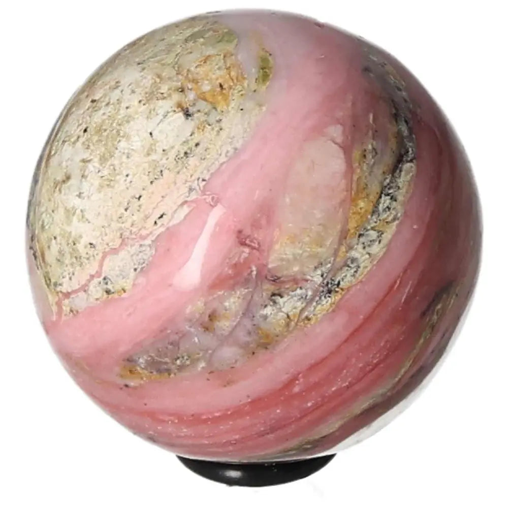 Pink opal sphere with natural patterns, symbolizing calm and nurturing friendships, set against a white background.