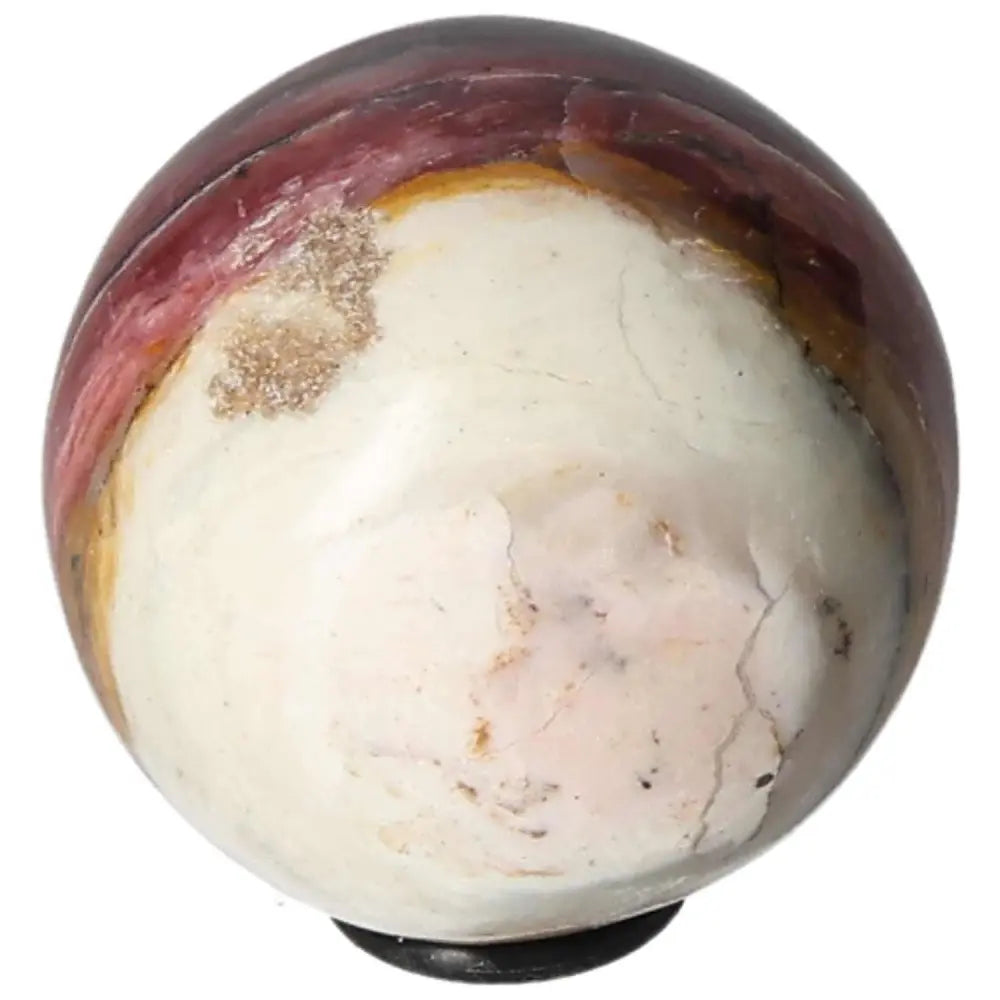Pink opal sphere, enhances communication and trust, ideal for nurturing friendships and promoting kindness. Turquoise-colored accents.