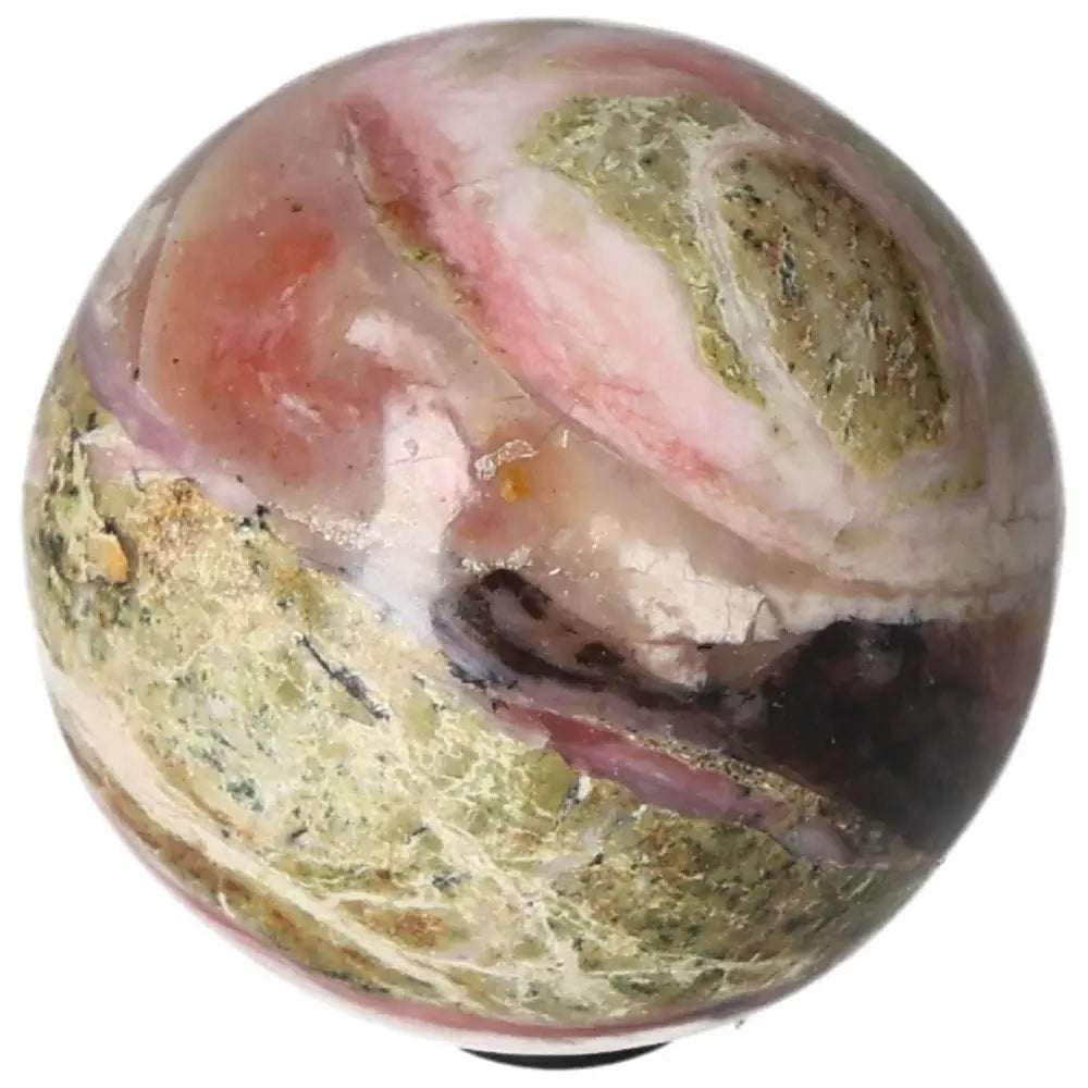 Pink Opal Sphere with natural stone patterns promoting communication, kindness, and trust. Ideal for sincere relationships.