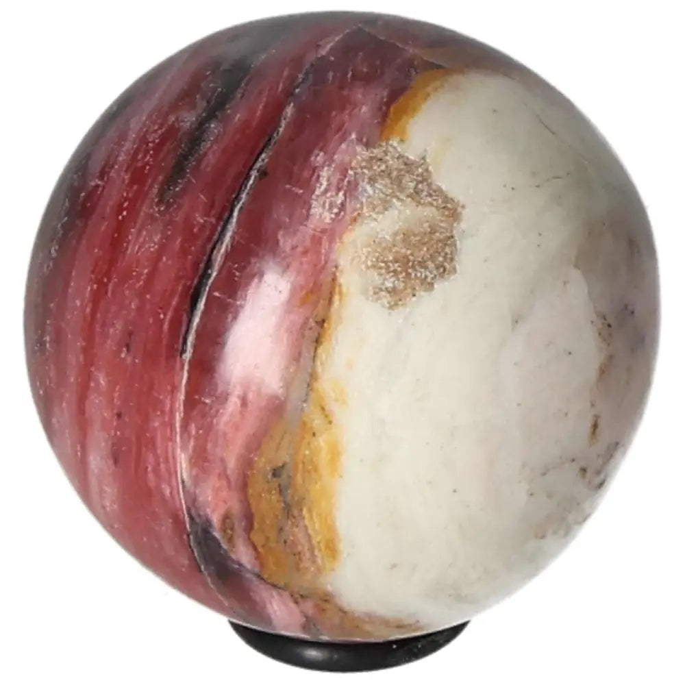 Colorful pink opal sphere with natural hues, known for promoting communication and kindness, enhancing honesty and trust.