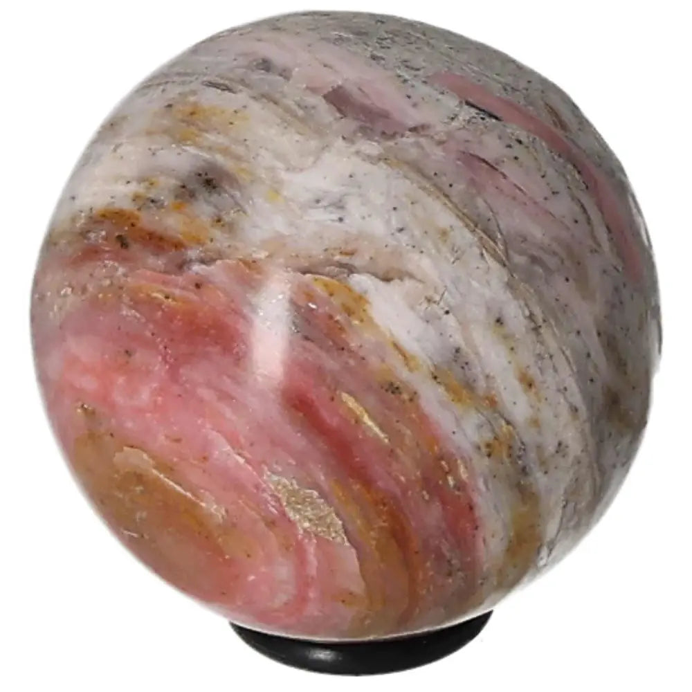 Pink Opal Sphere with swirled patterns, ideal for enhancing communication, kindness, and promoting honesty in relationships.
