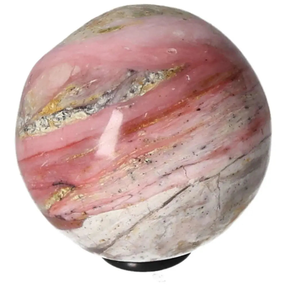 Pink Opal Sphere with natural patterns, believed to foster communication, kindness, honesty, and support relationships. Ideal for decor and energy work.