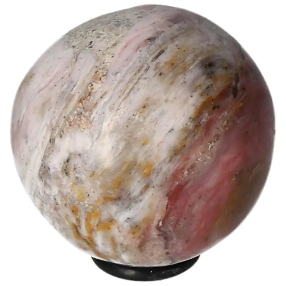 Polished pink opal sphere with natural patterns, enhancing communication and honesty; ideal for fostering trust and friendship.
