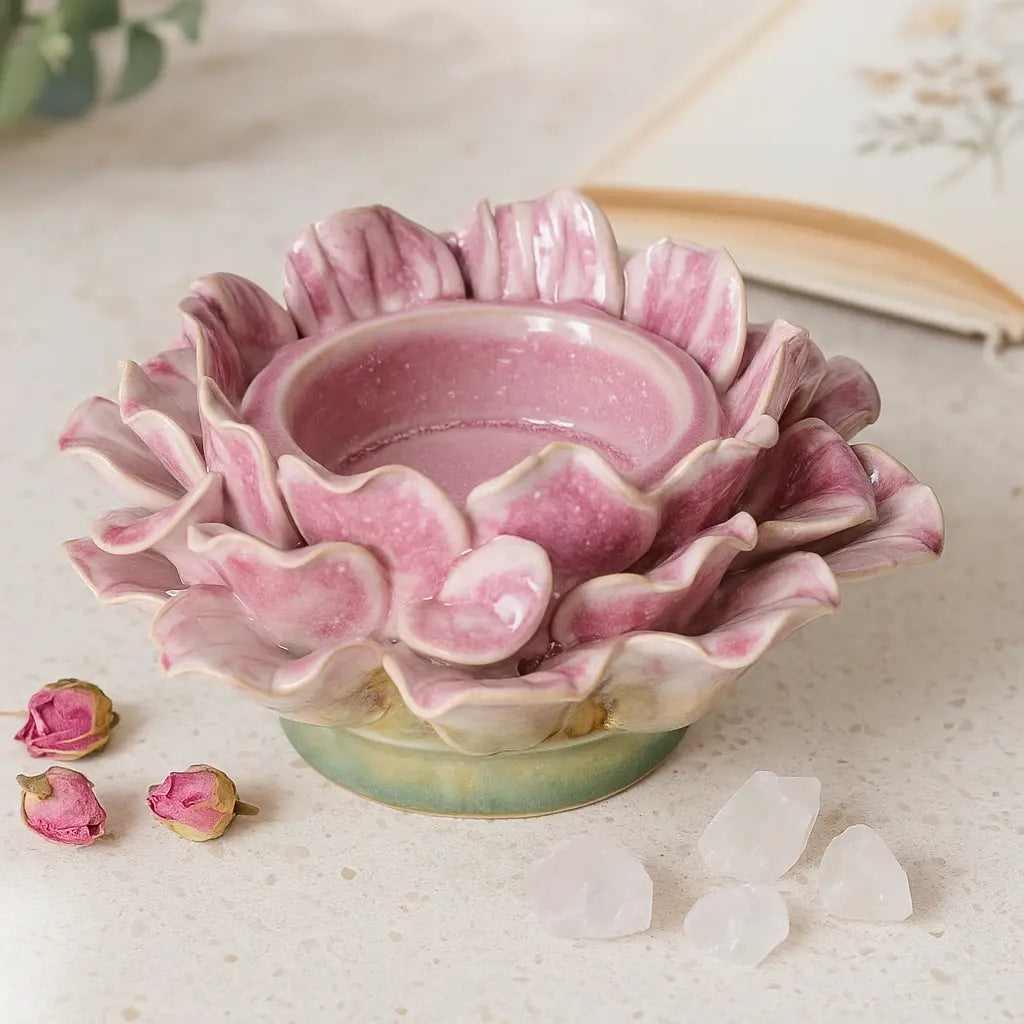 Pink Stoneware Candle Holder with Flower Motif – Delicate Charm and Warm Glow Sylvia Crystals Sp. z o.o.