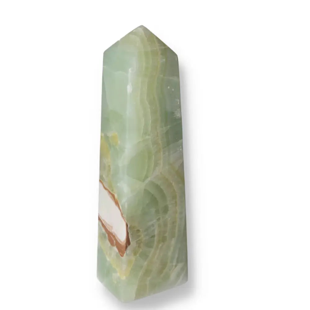 Pistachio Calcite Tower crystal with soothing green hues for balance and harmony