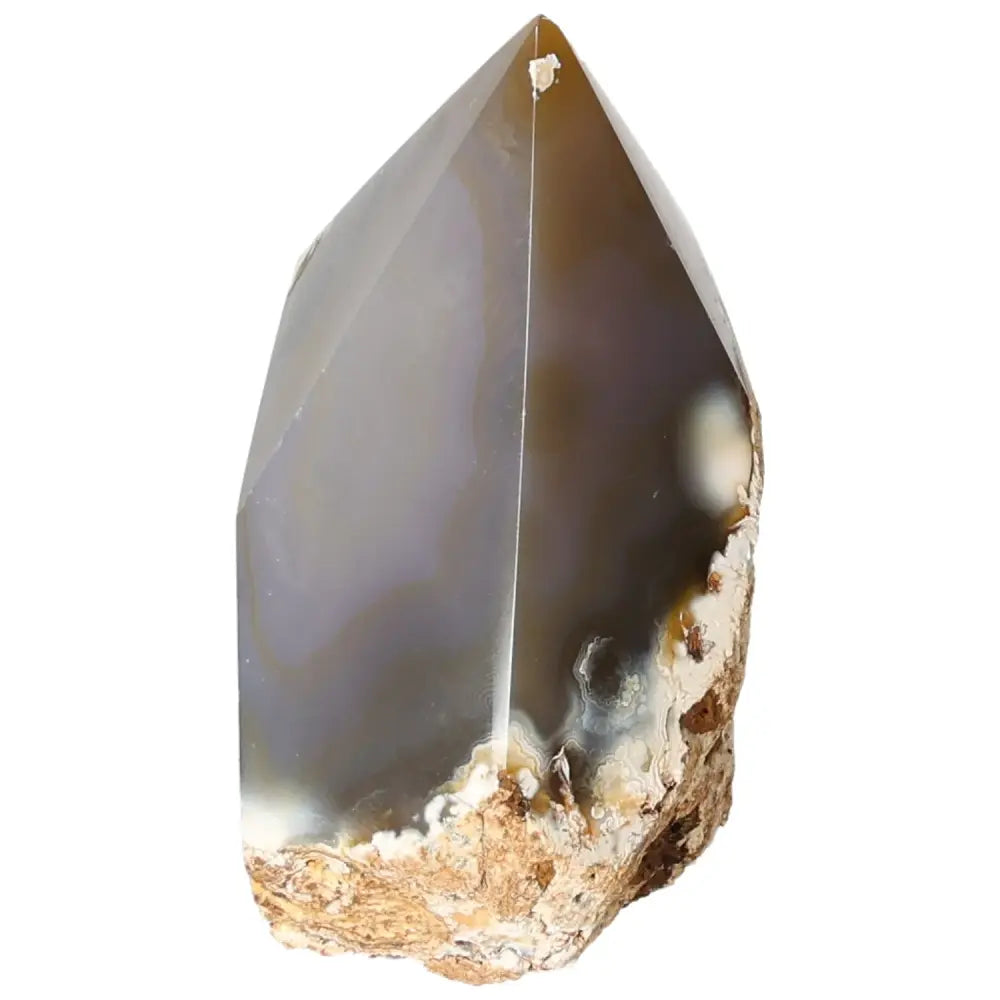 Polished Agate Point gemstone from Sylvia Crystals with unique patterns and rich hues for balancing energies, luxury conscious living.