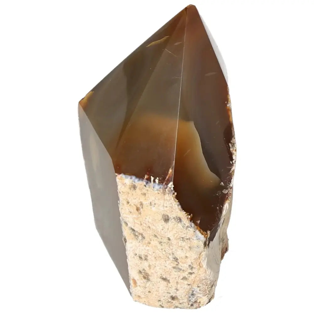 Polished Agate Point crystal showcasing natural textures and earthy tones from Sylvia Crystals, ideal for home decor and spiritual growth