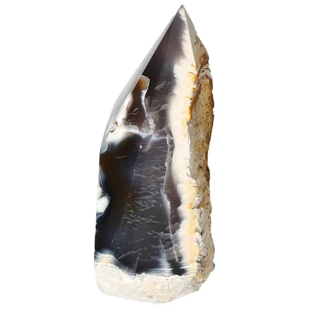 Polished Agate Point with natural patterns, a luxurious piece from Sylvia Crystals, known for balancing emotions and energies.