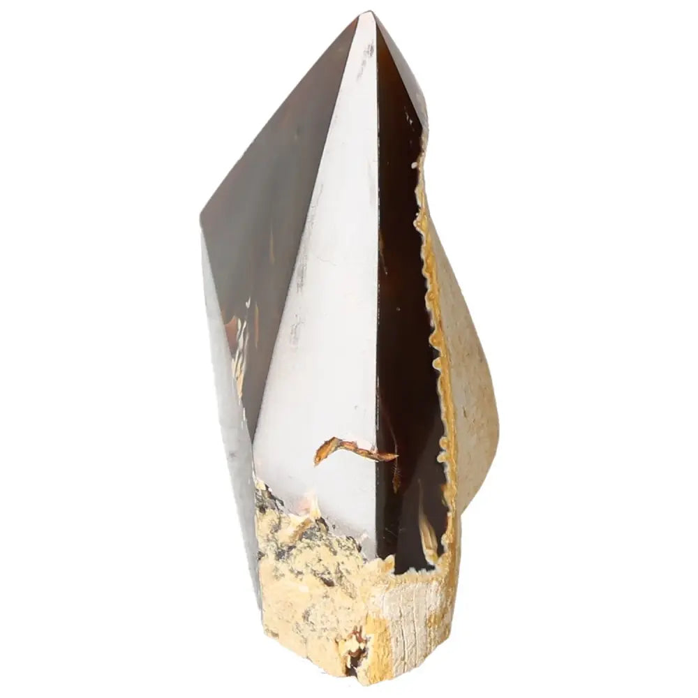 Polished Agate Point crystal with spiritual balancing properties, from Sylvia Crystals, featuring natural earthy tones and smooth finish.