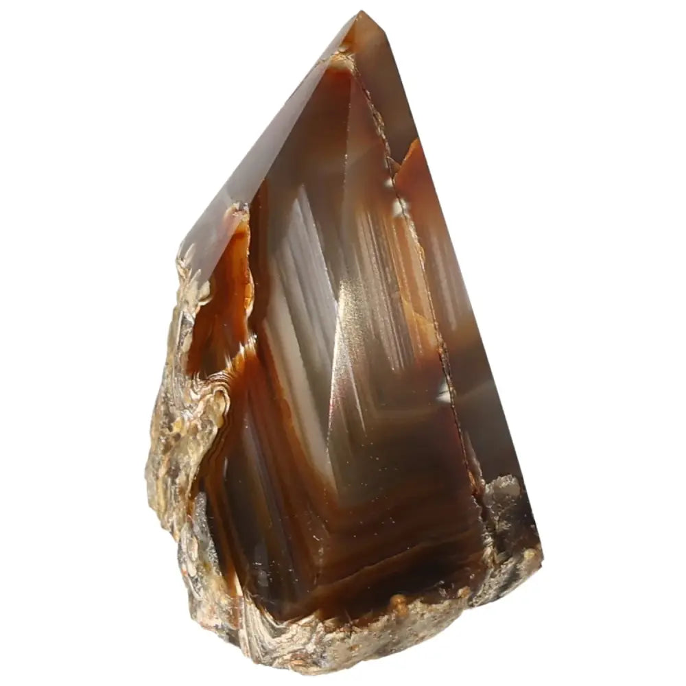 Polished Agate Point crystal with rich brown tones, showcasing smooth surfaces and natural beauty, ideal for healing and tranquility.