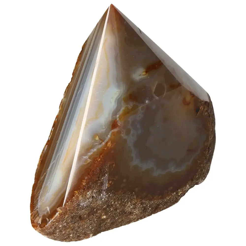 Polished agate point gemstone from Sylvia Crystals, showcasing its luxurious, handpicked design and ability to harmonize energies.