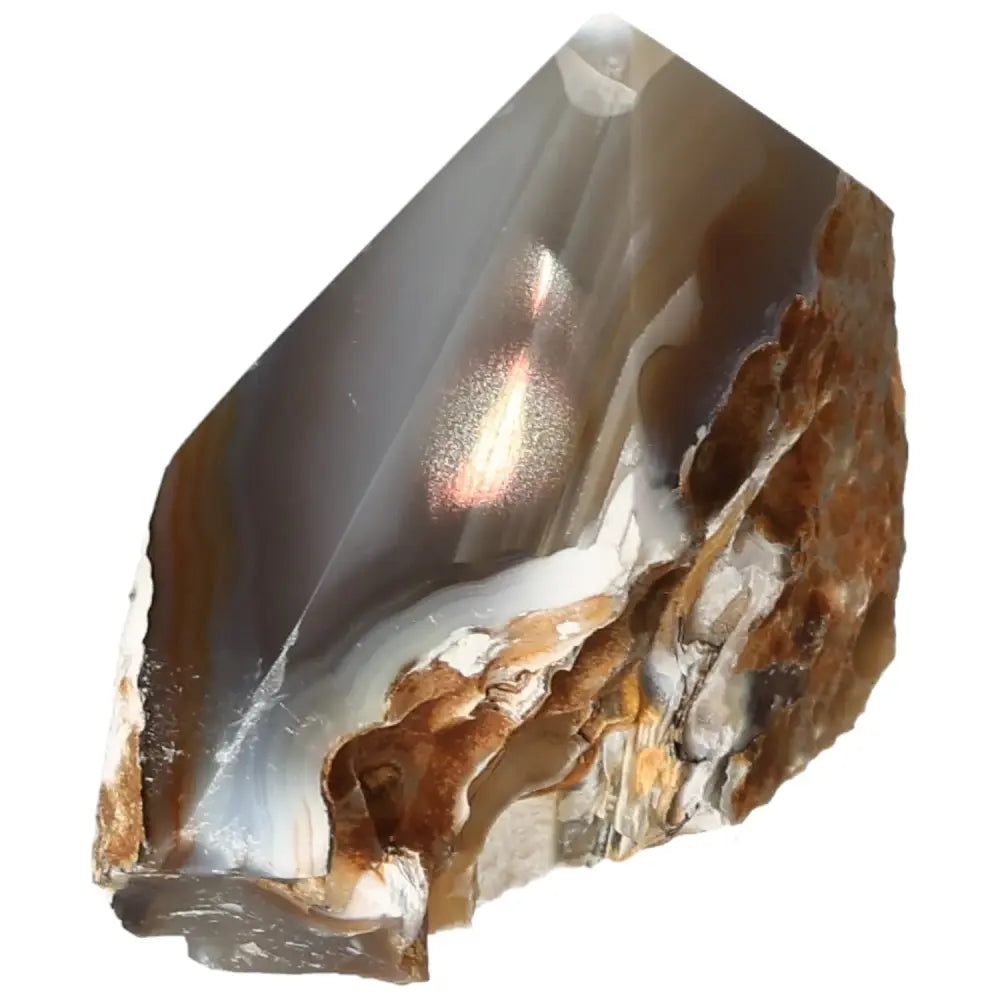 Polished Agate Point gemstone by Sylvia Crystals, showcasing its unique aesthetic charm and tranquil energy properties.
