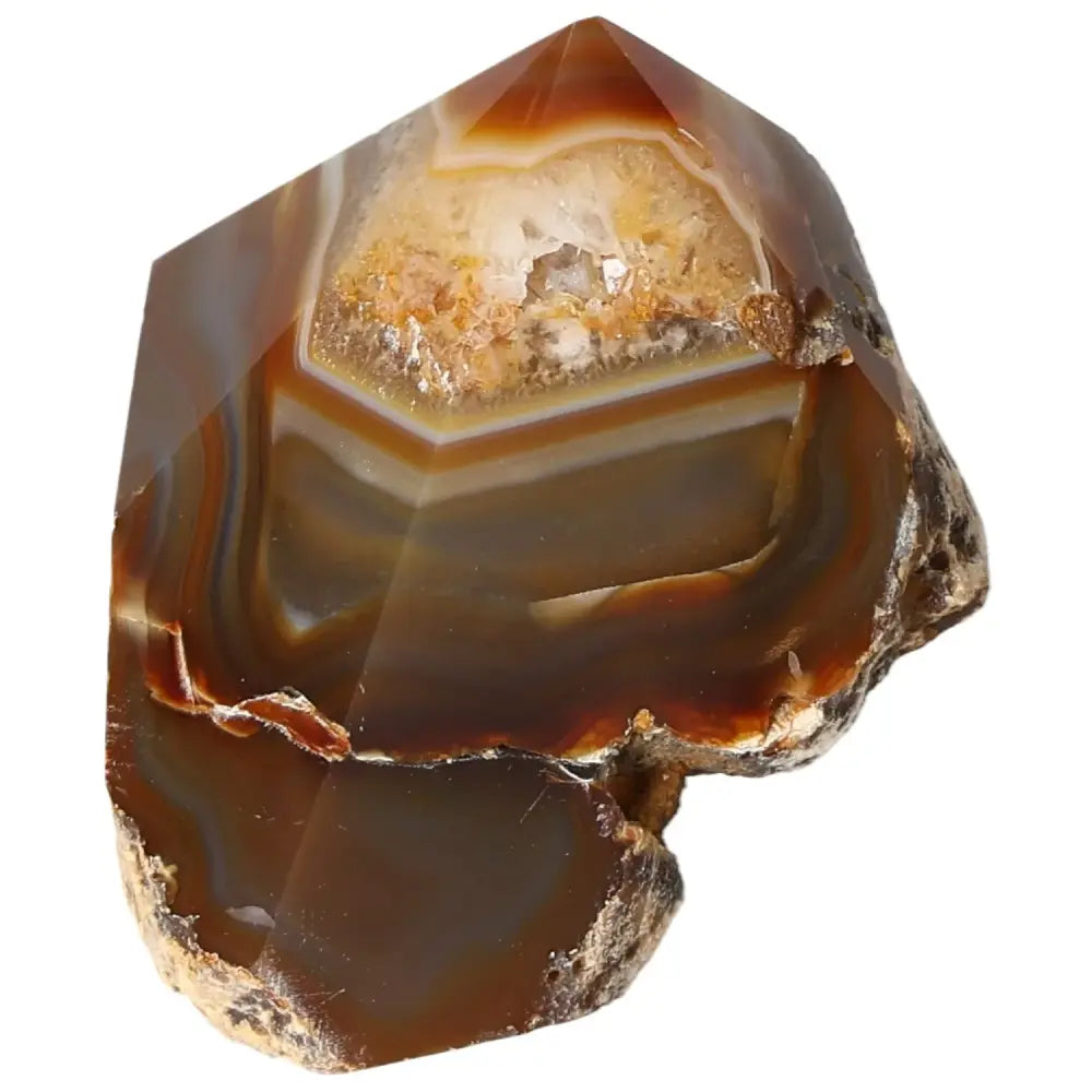 Polished Agate Point with natural patterns and vibrant colors, a unique gem from Sylvia Crystals, ideal for spiritual collections.