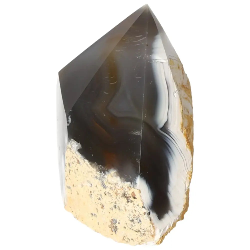 Polished Agate Point crystal from Sylvia Crystals showcasing unique patterns and grounding energy for tranquility and balance.