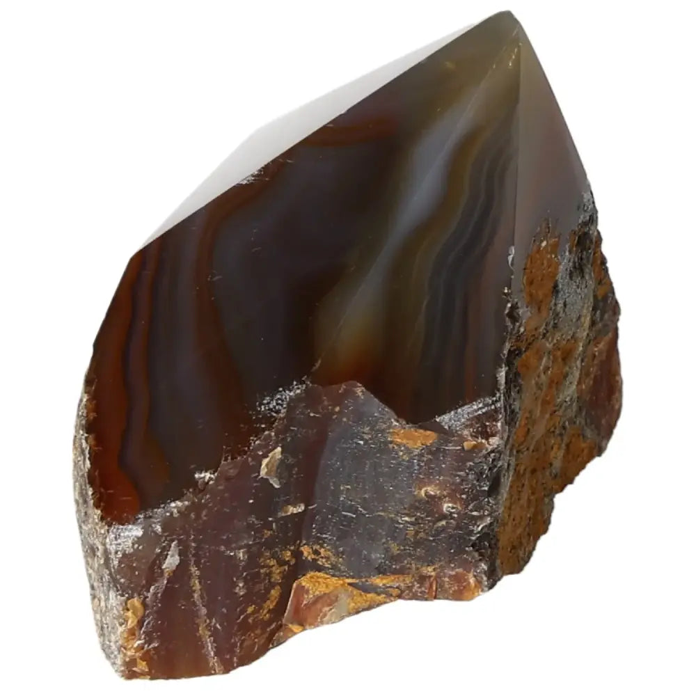 Polished Agate Point by Sylvia Crystals showcasing rich colors and patterns, ideal for energy balance and elegance in crystal collections.