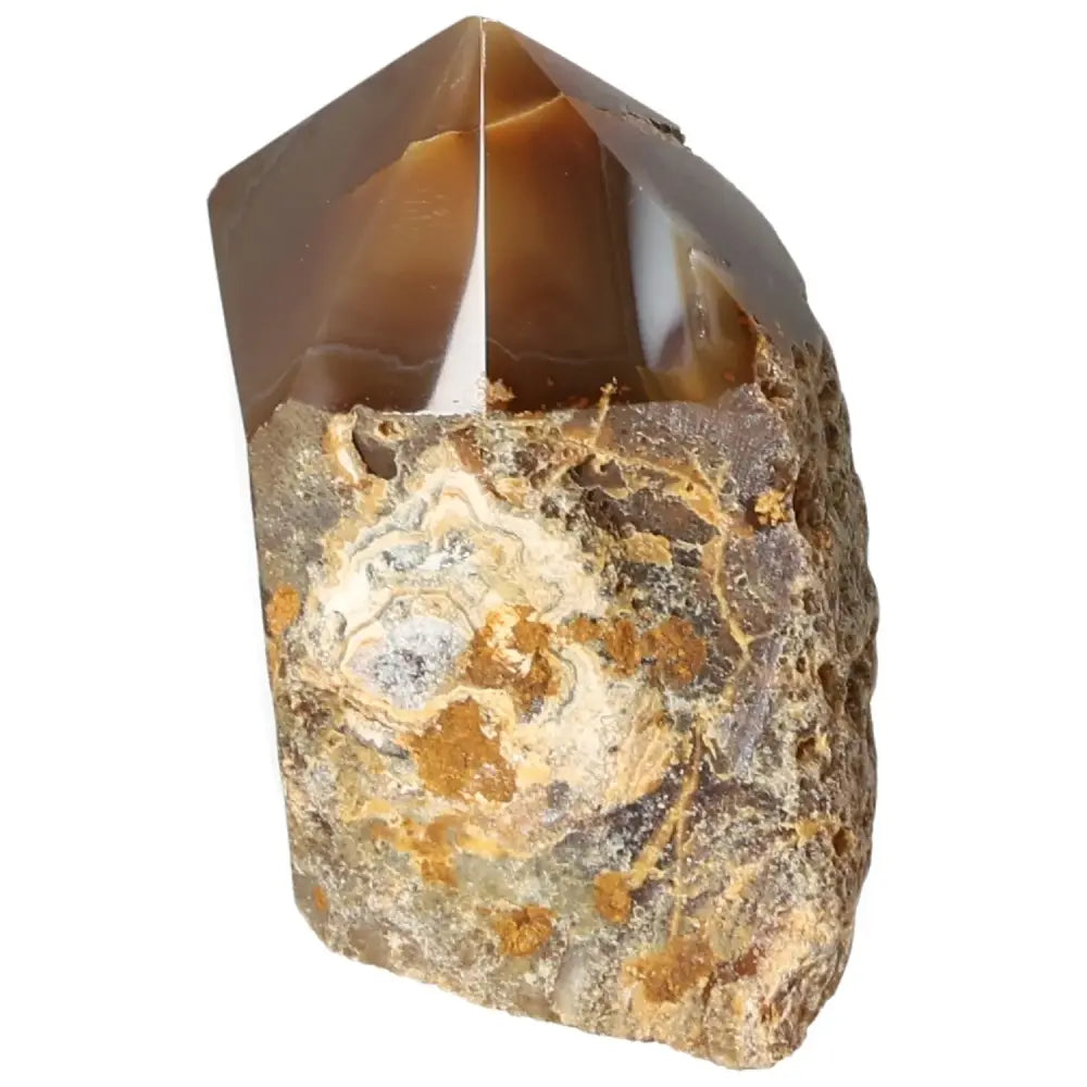 Polished Agate Point gemstone from Sylvia Crystals, showcasing its serene elegance and energy balancing properties.