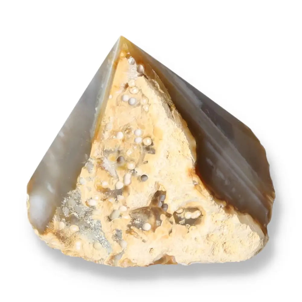 Polished Agate Point gemstone by Sylvia Crystals, known for balancing energies and serving as a decorative, grounding piece.