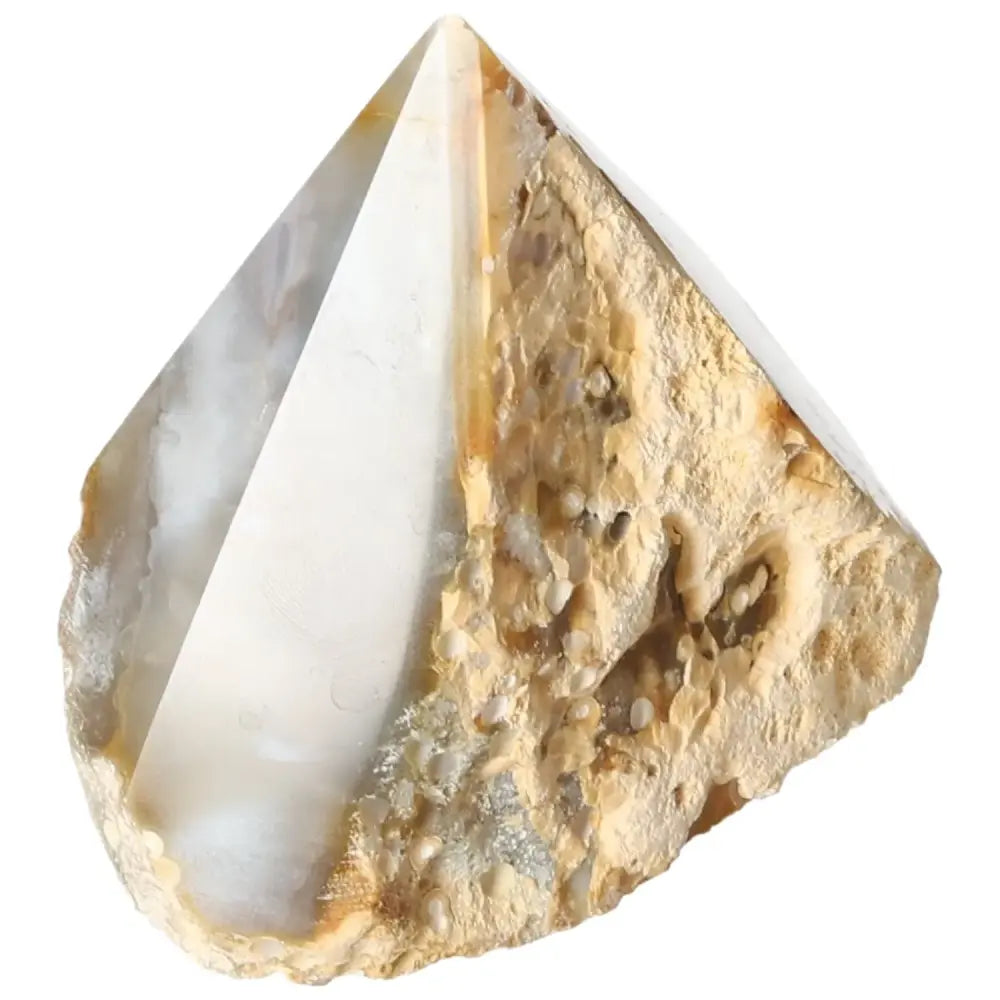 Polished Agate Point gemstone by Sylvia Crystals, showcasing natural texture and serene energy for decoration and grounding.