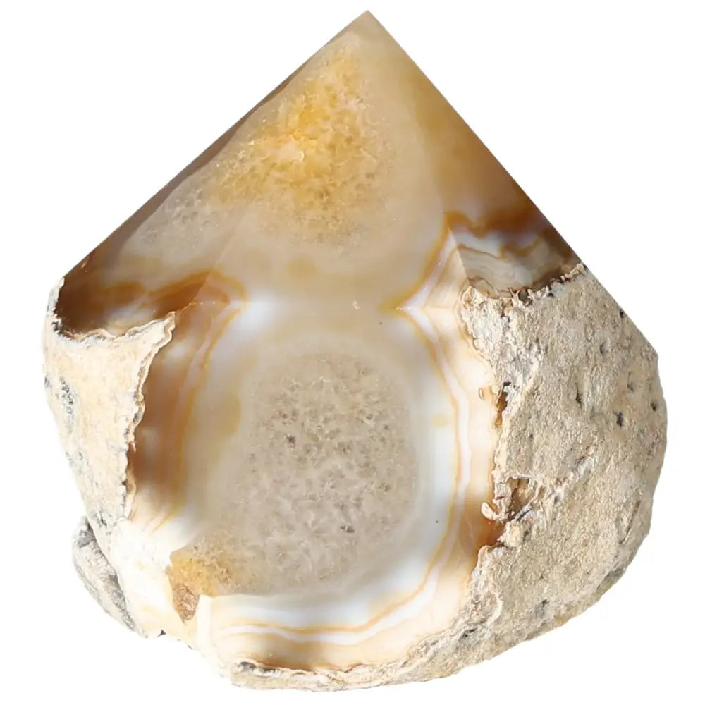 Polished Agate Point gemstone with earthy tones, sourced by Sylvia Crystals, ideal for energy harmonization and spiritual tranquility.