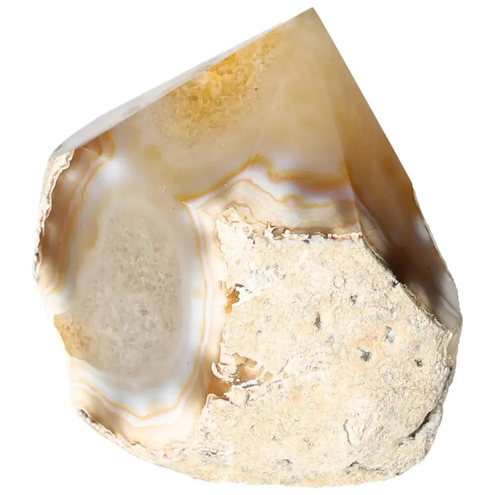 Polished Agate Point gemstone from Sylvia Crystals, showcasing natural patterns and spiritual energy harmonization.