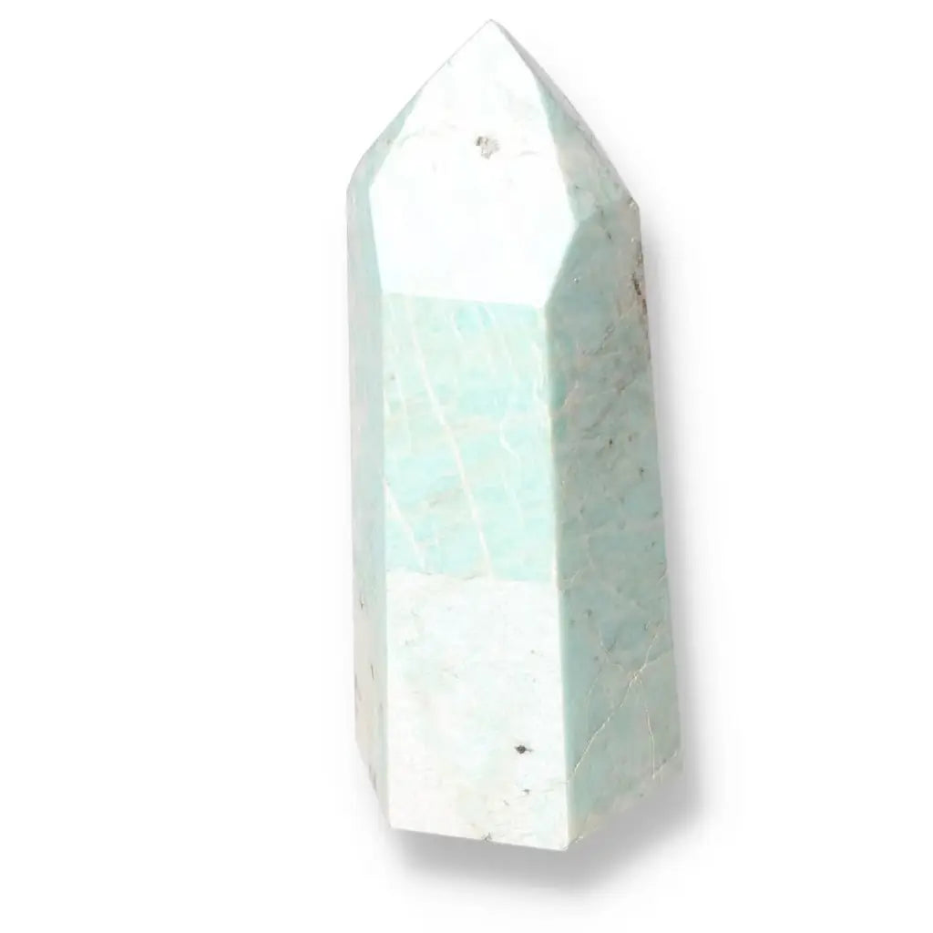 Polished Amazonite Obelisk from Sylvia Crystals, showcasing its exquisite design and unique spiritual benefits in a modern style.
