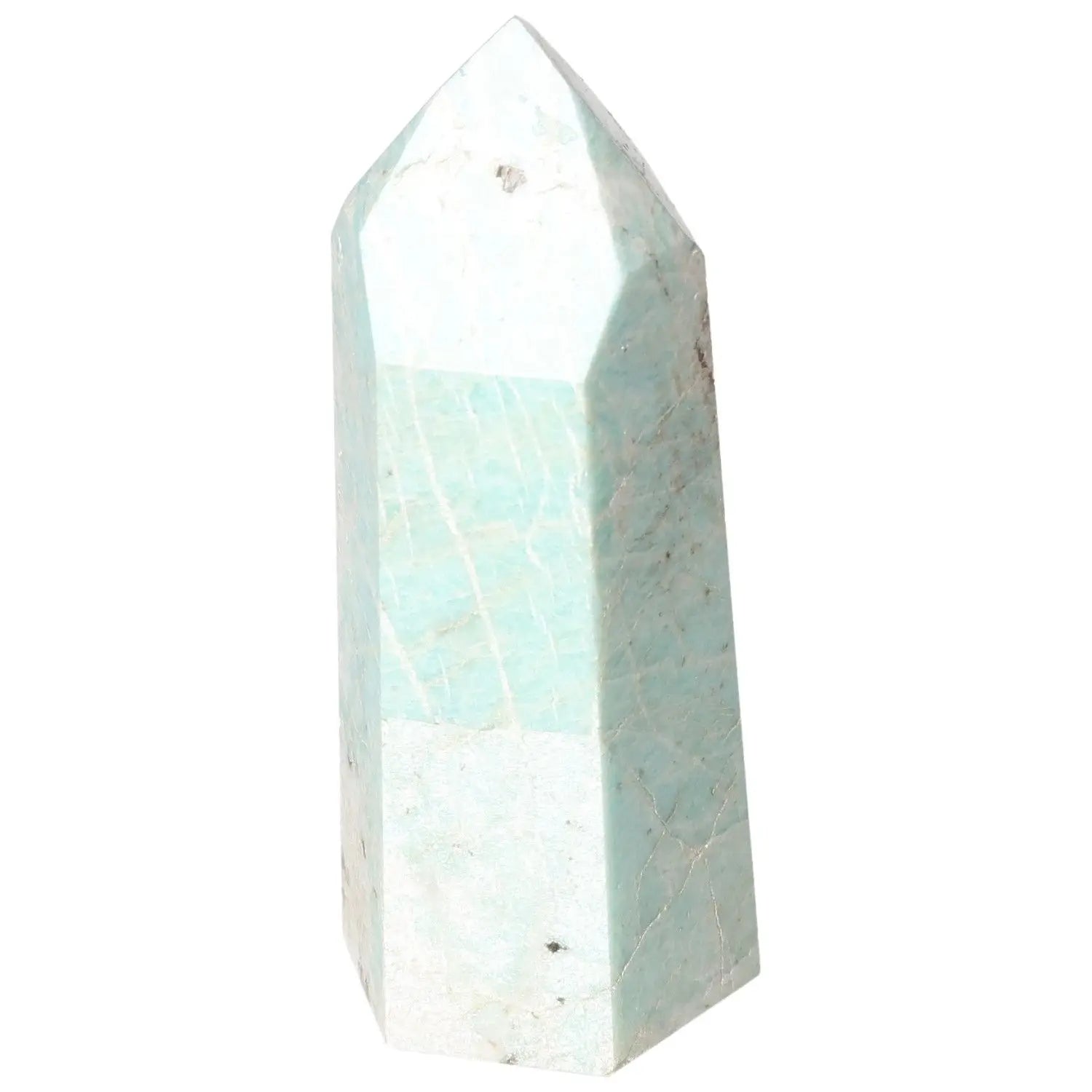 Polished Amazonite Obelisk from Sylvia Crystals, showcasing vibrant colors and spiritual charm, ideal for luxury and contemporary design.