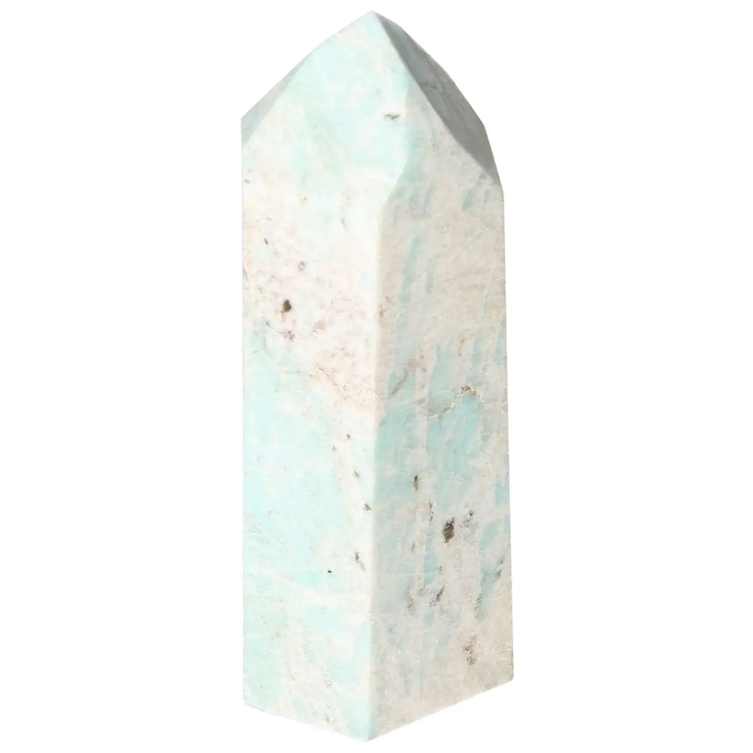 Polished Amazonite Obelisk by Sylvia Crystals, luxurious crystal design for spiritual enhancement and contemporary decor.