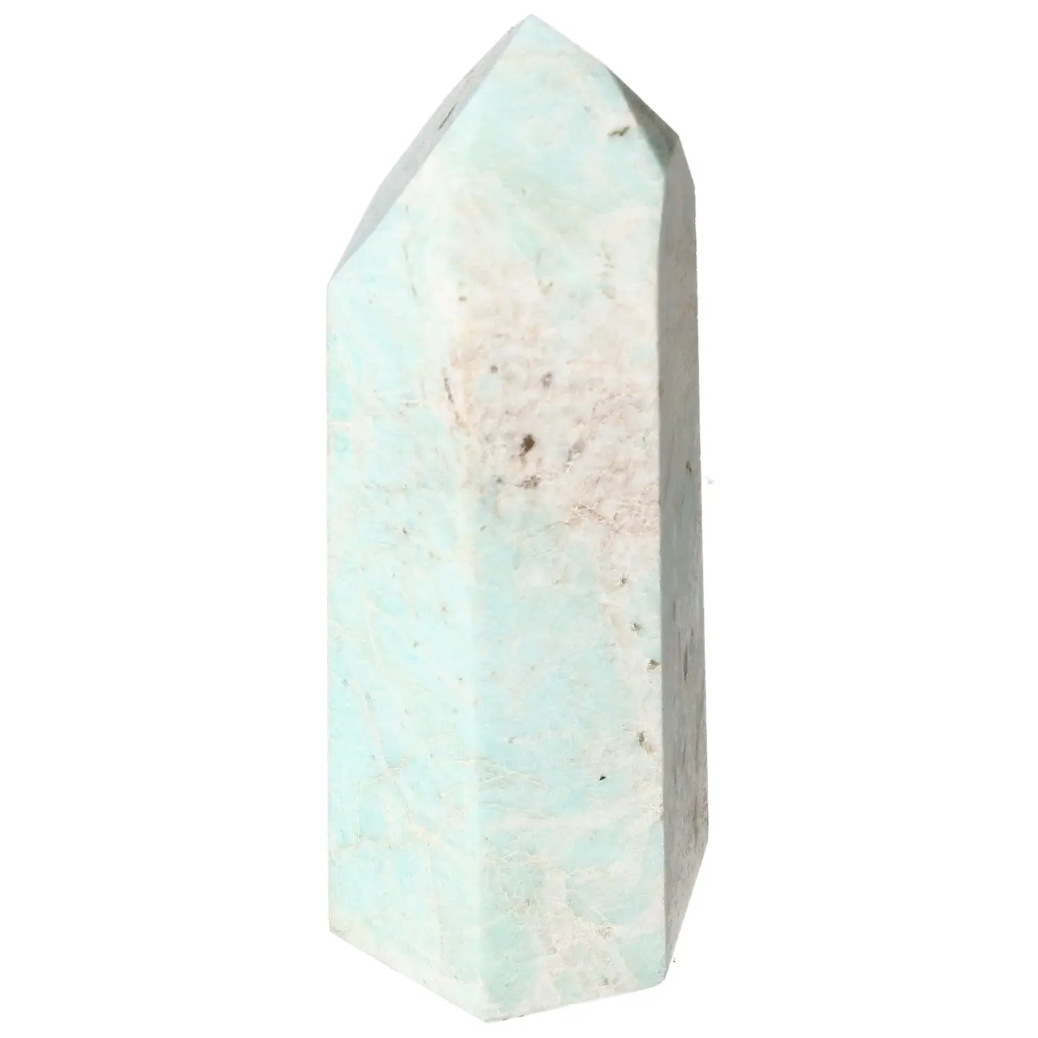 Polished Amazonite Obelisk from Sylvia Crystals showcasing luxury and spiritual design