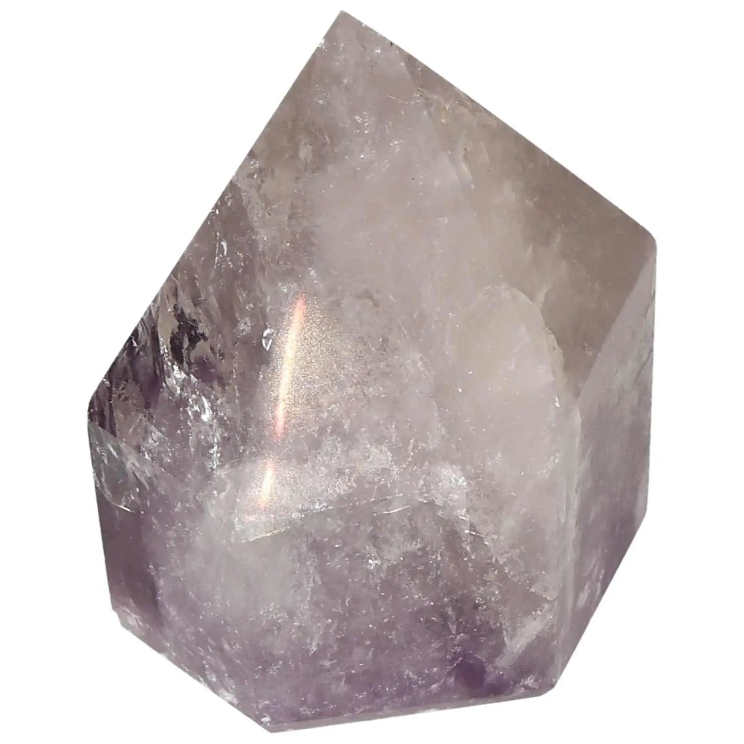 Polished amethyst obelisk by Sylvia Crystals, known for stress reduction and concentration boost, offering elegance and energy to any space.
