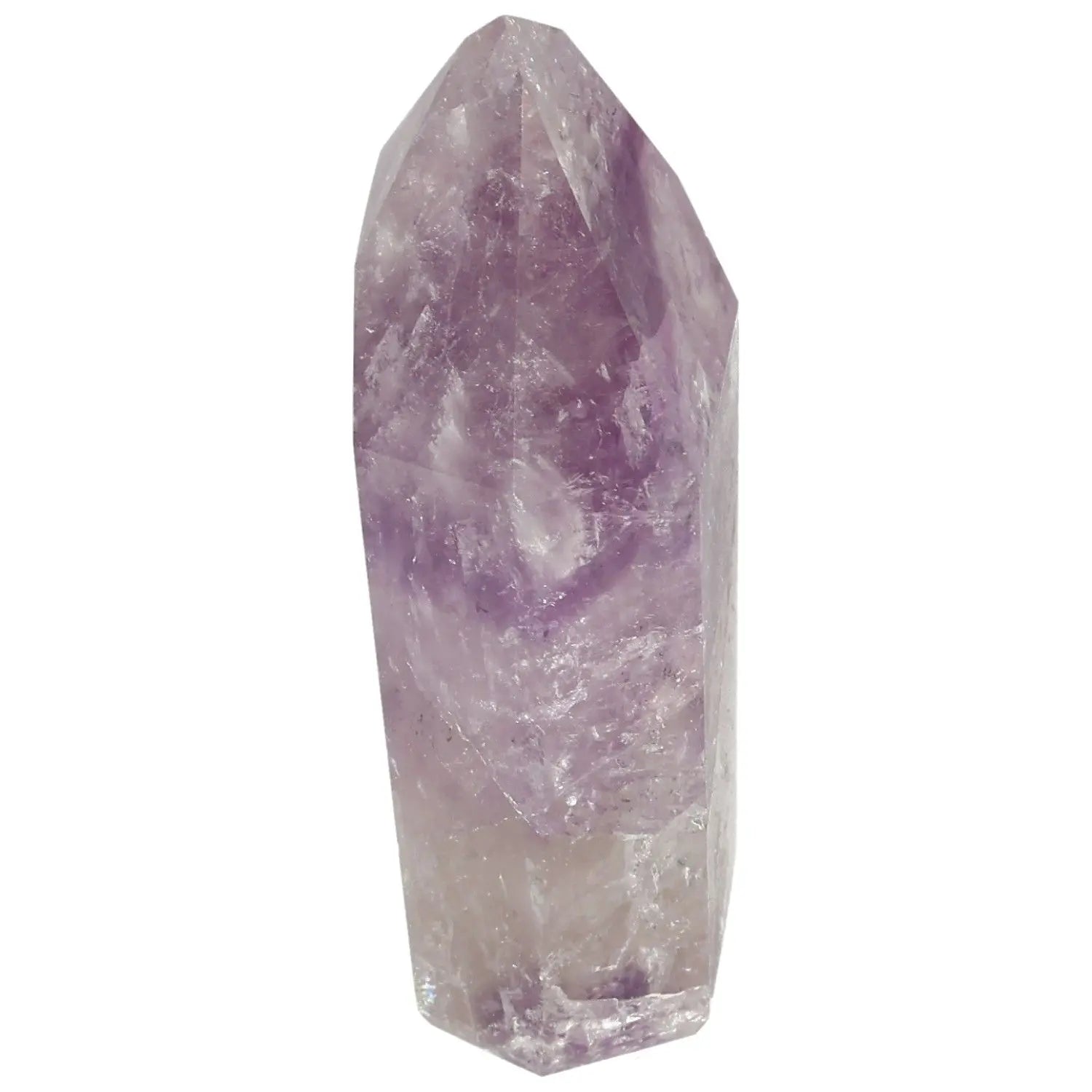 Polished amethyst obelisk crystal from Sylvia Crystals, highlighting natural elegance and stress relief properties.