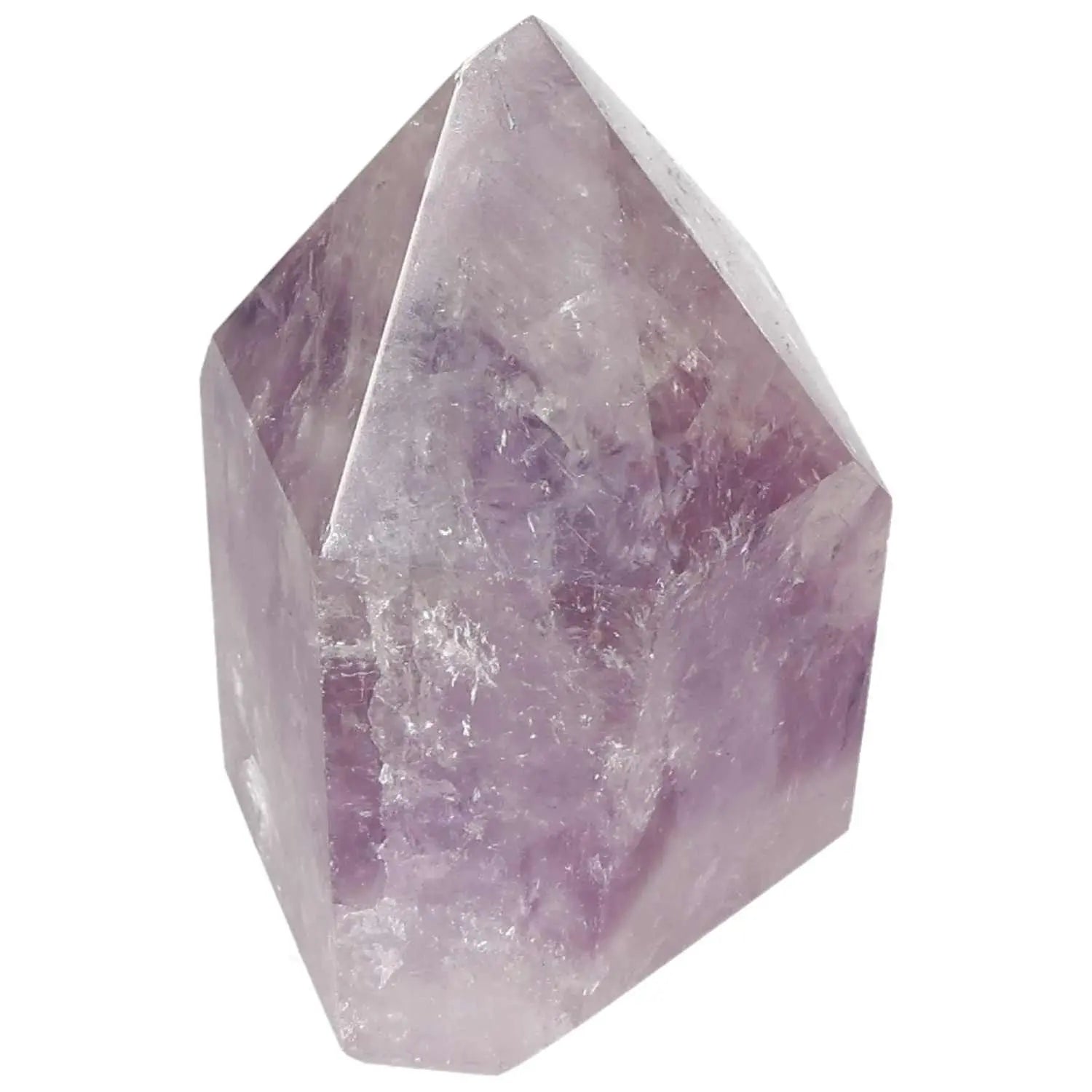 Polished amethyst obelisk crystal by Sylvia Crystals, showcasing its refined finish and calming purple hues for tranquility.
