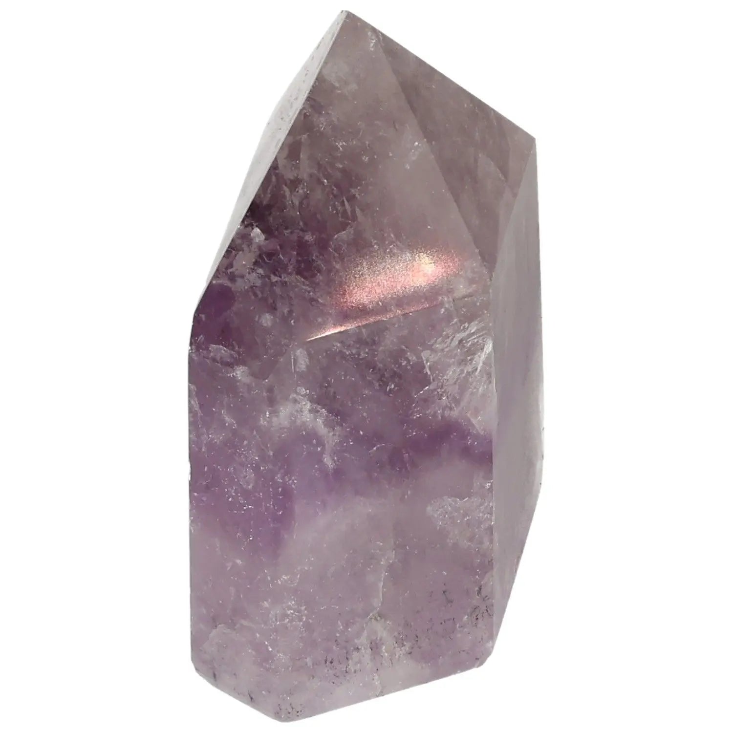 Polished amethyst obelisk from Sylvia Crystals, showcasing its natural beauty and stress-reducing properties.