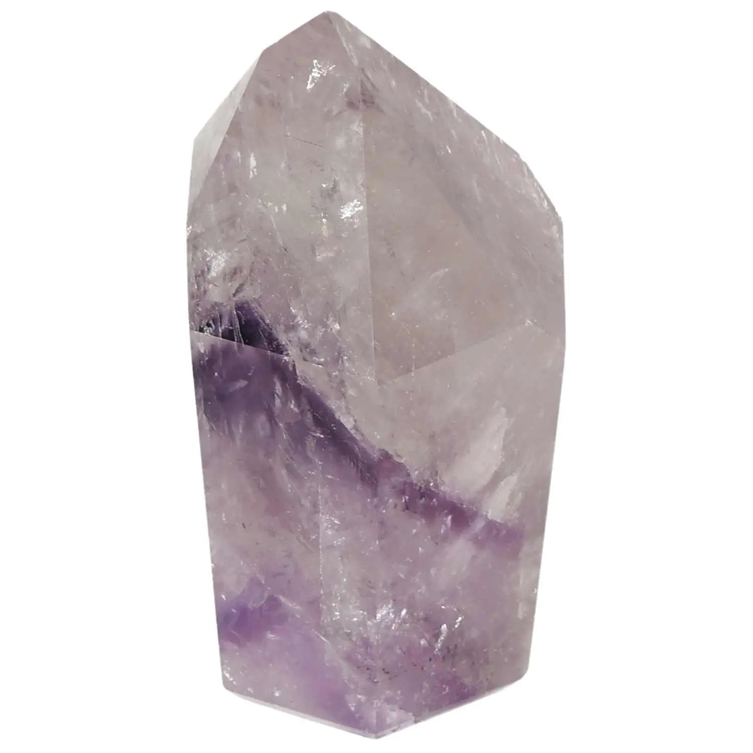 Polished amethyst obelisk crystal displaying vibrant purple hues, known for stress reduction and energy boosting properties.