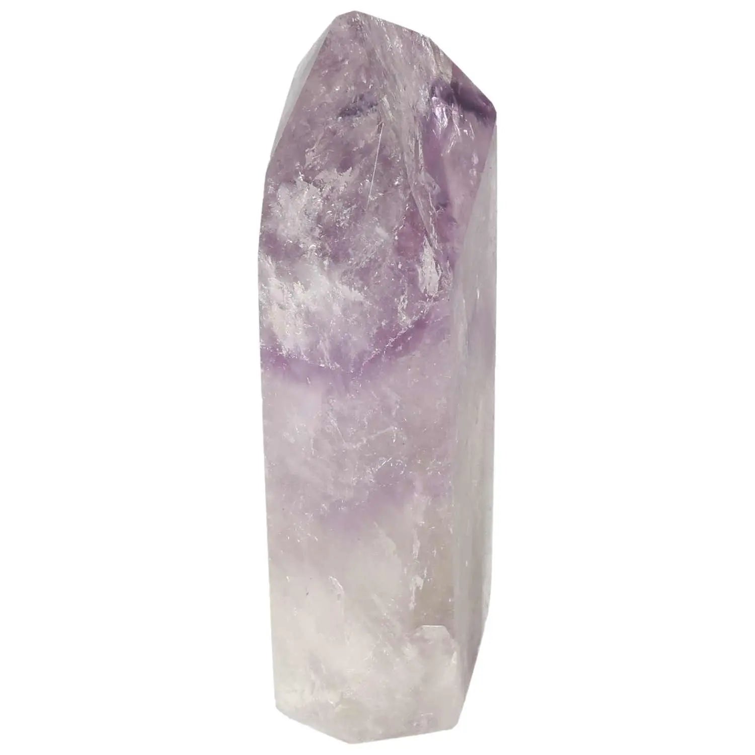 Elegant polished amethyst obelisk by Sylvia Crystals, enhancing decor while promoting tranquility and emotional stability.