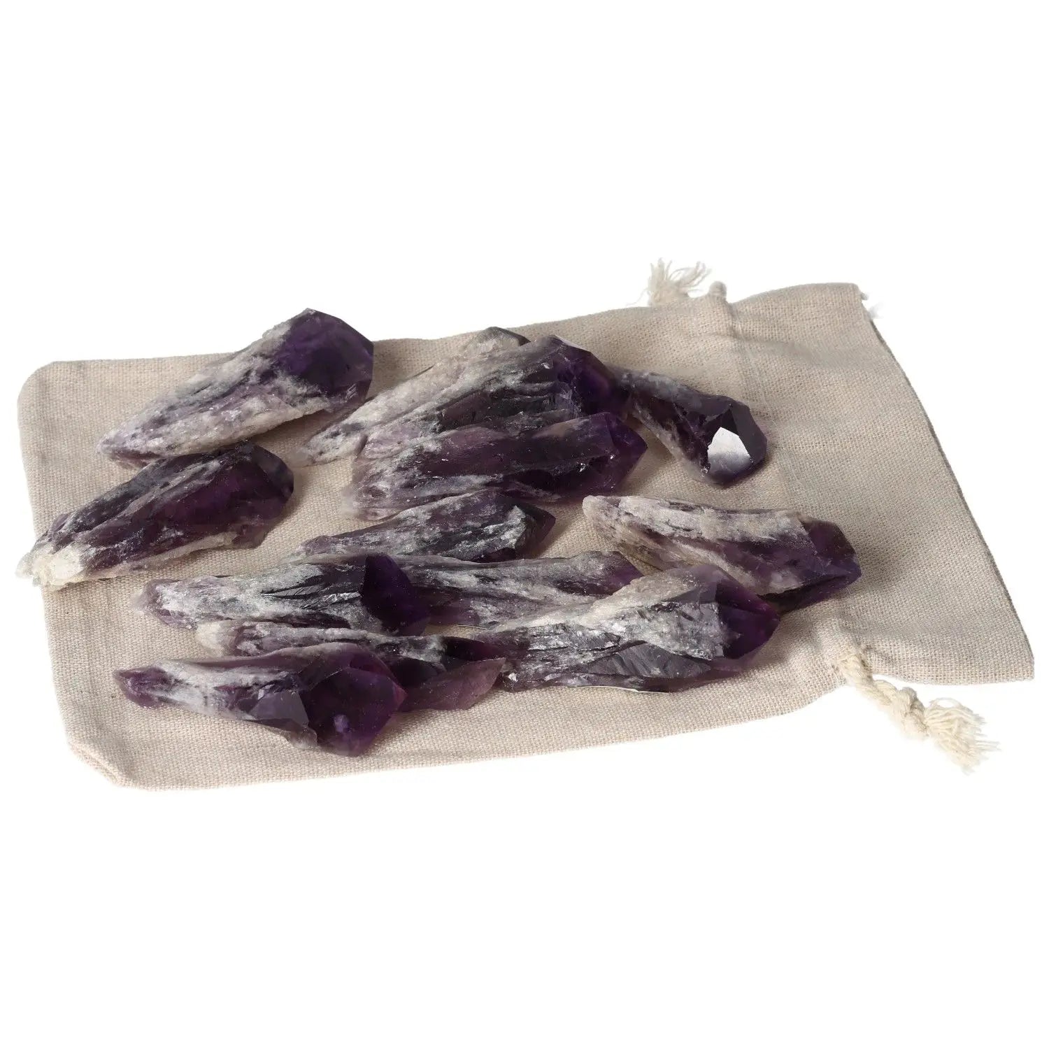 Bundle of Amethyst Tips on a beige cloth bag, showcasing luxury and spiritual benefits for stress reduction and emotional stability.