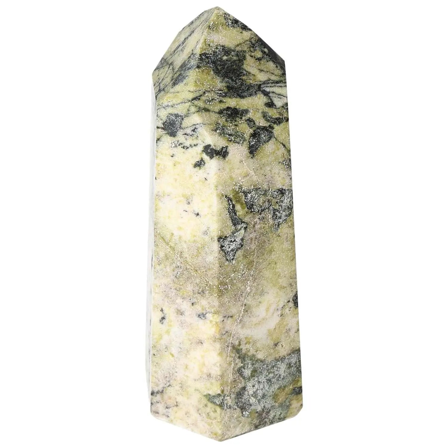 Polished Amphibole Obelisk by Sylvia Crystals featuring intricate patterns, emphasizing artistry and spirituality.