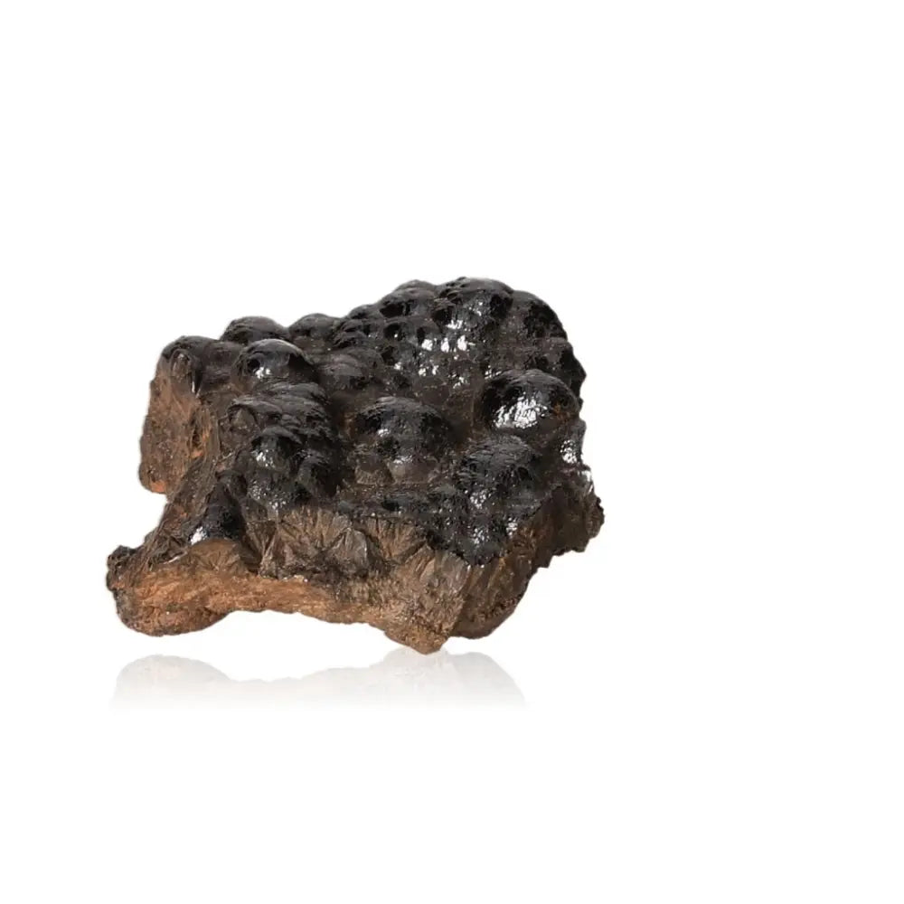 Polished Botryoidal Hematite with shimmering metallic clusters, showcasing dense iron-rich formations on a brown base.