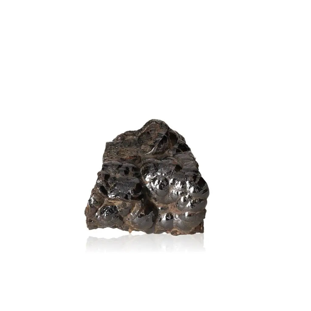 Polished botryoidal hematite crystal cluster with shimmering metallic surface for grounding and energy fortification.